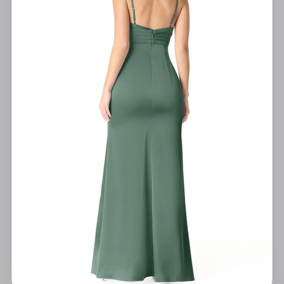 Azazie Linia Eucalyptus Mermaid Pleated Stretch Satin Dress Evening Gown Size 14 - Picture 2 of 14